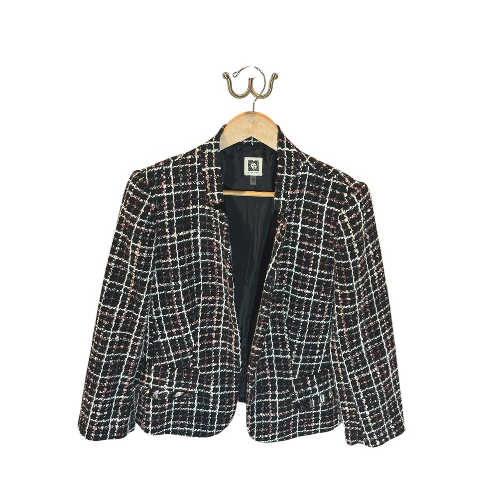 Anne Klein Medium‎ Black Plaid Tweed Open Blazer Jacket Business Career
